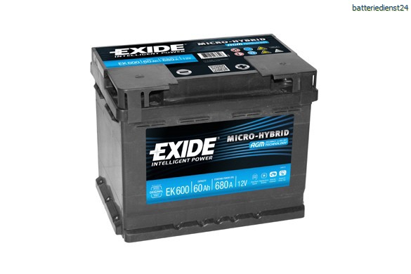 Exide EK600 Start-Stop AGM 12V 60Ah 680A Autobatterie, Starterbatterie, Boot, Batterien für